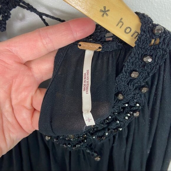 Free People Beaded Crew Neck Tunic Top Black Oversized Bohemian Tie Back Long S - Picture 2 of 9